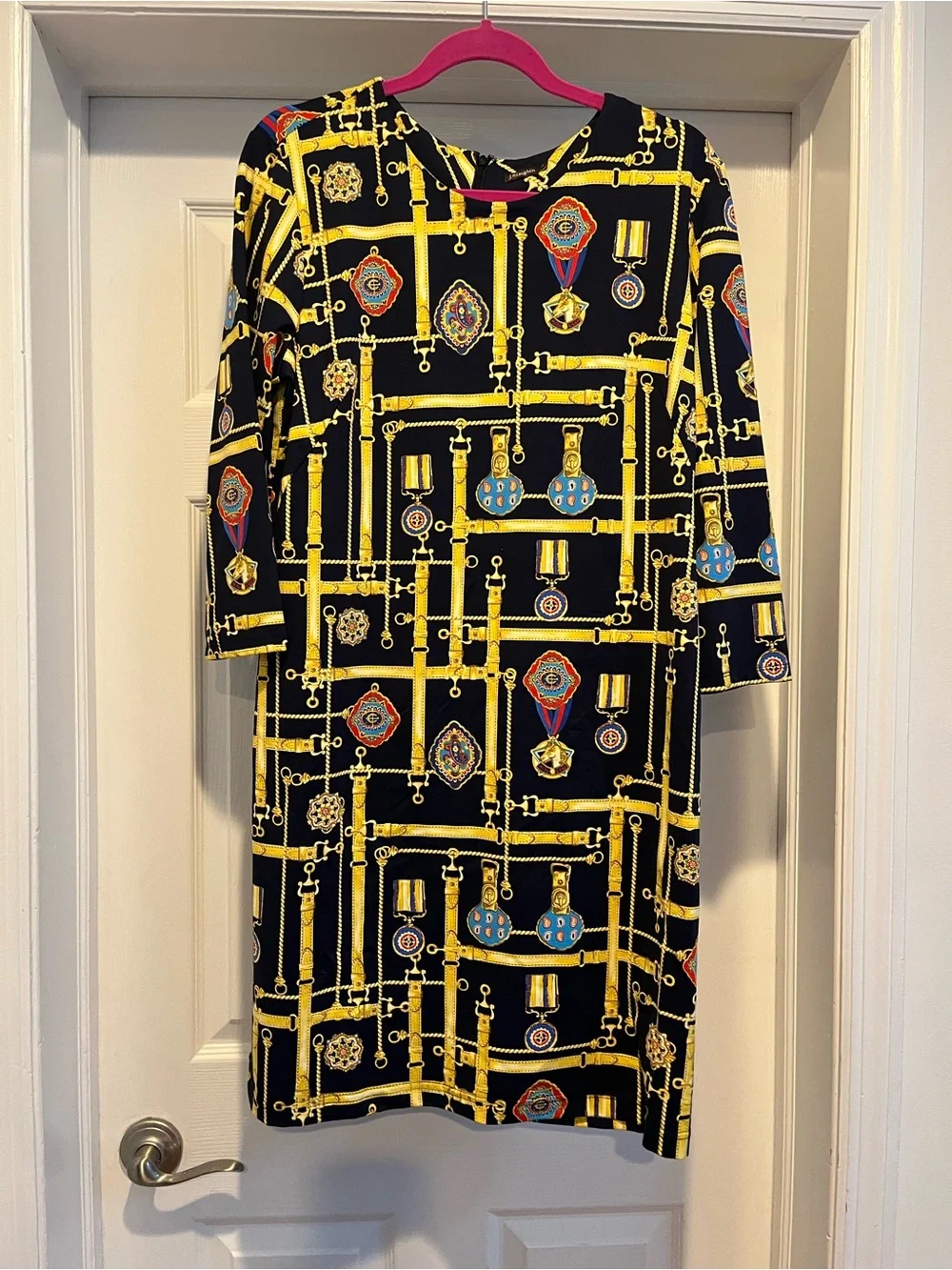 J.McLaughlin Navy & Yellow Chain Print Shift Dress. Catalina cloth SZ xl - Picture 1 of 5